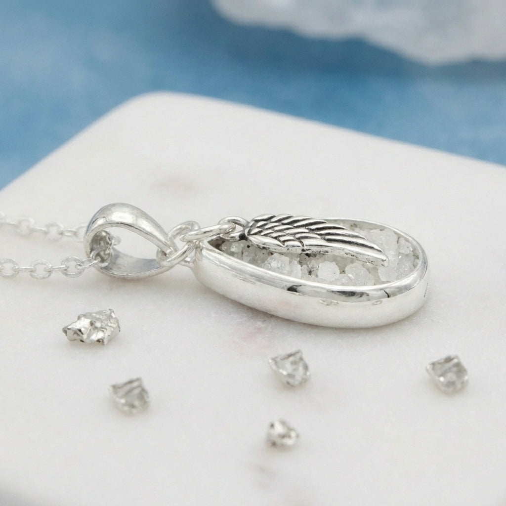 Sterling Silver Mid Size Resin Inlaid Teardrop And Angel Wing Overlay Pendant