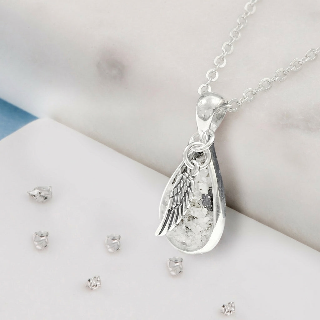 Sterling Silver Mid Size Resin Inlaid Teardrop And Angel Wing Overlay Pendant