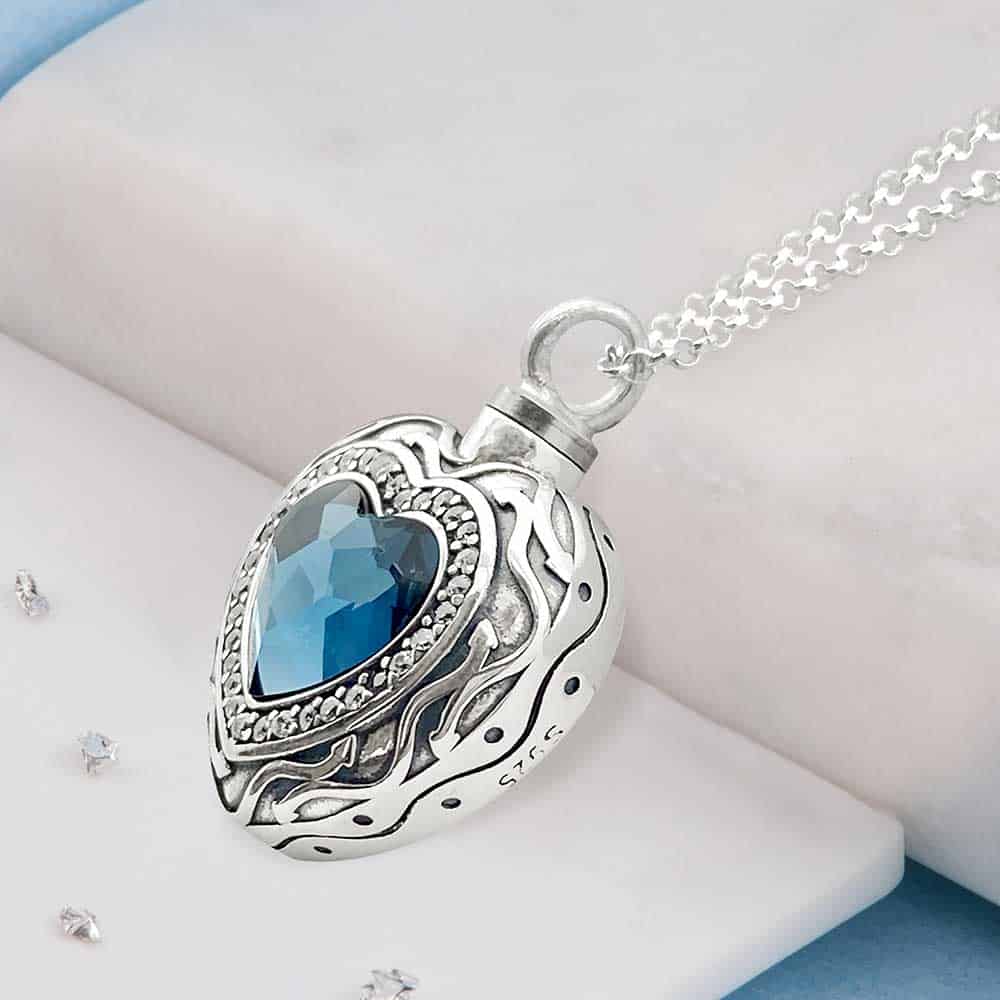Ashes or hair sterling silver blue crystal heart urn pendant
