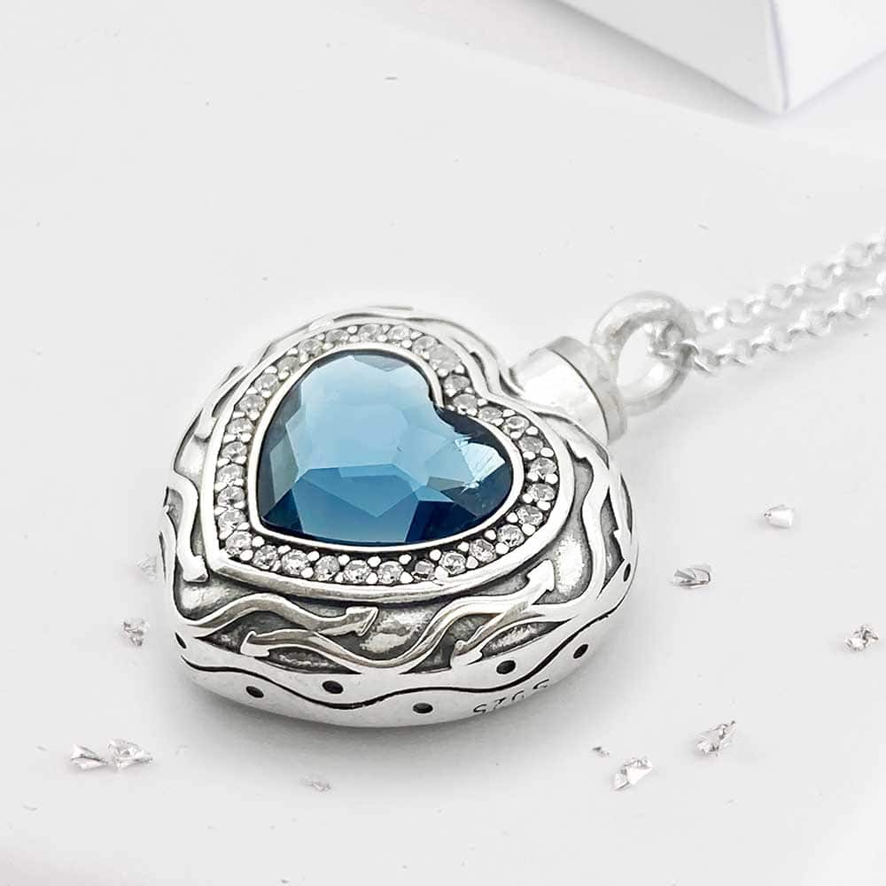Ashes or hair sterling silver blue crystal heart urn pendant