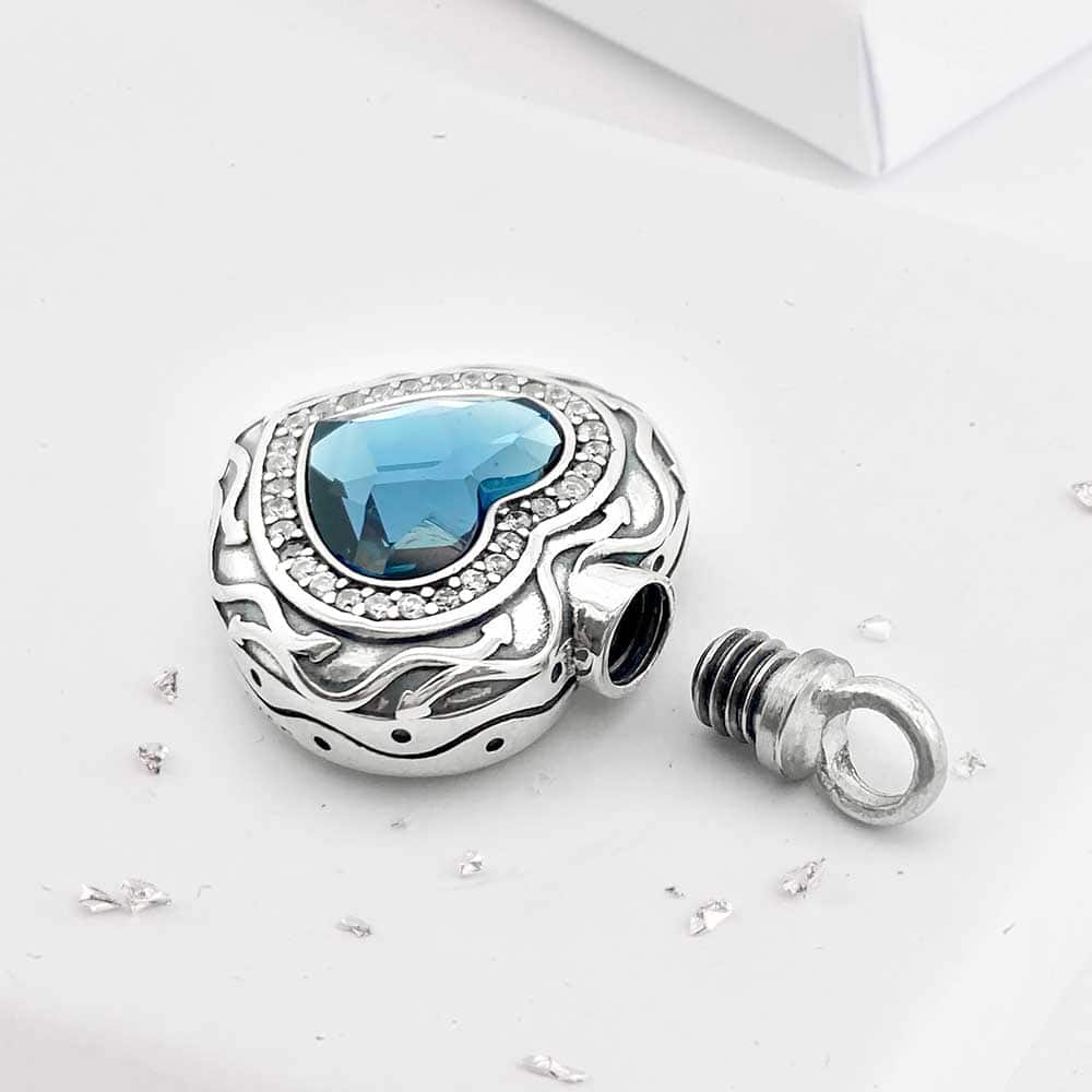 Ashes or hair sterling silver blue crystal heart urn pendant