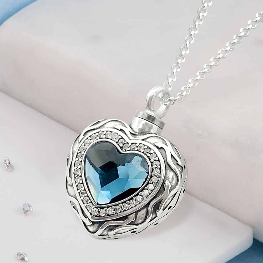 Ashes or hair sterling silver blue crystal heart urn pendant
