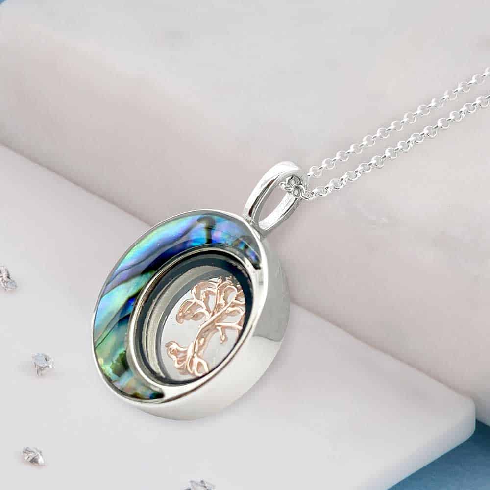 Ashes sterling silver abalone & rose gold tree of life urn pendant