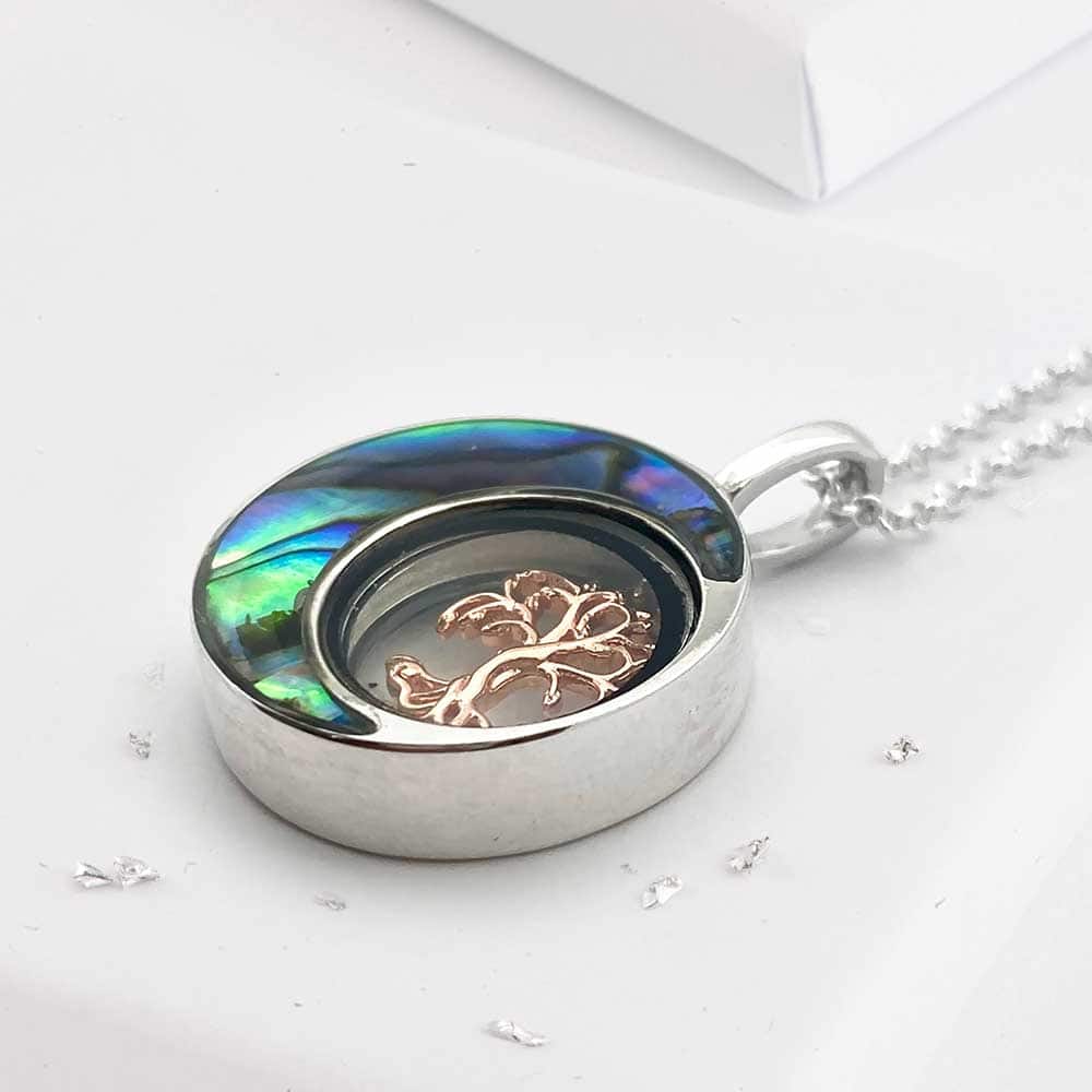 Ashes sterling silver abalone & rose gold tree of life urn pendant