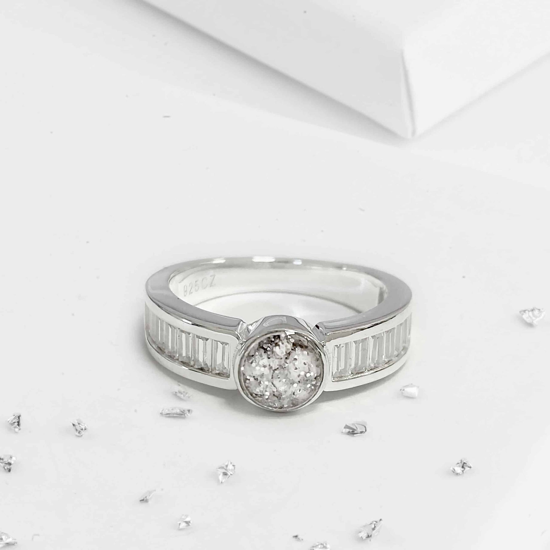 Crystal baguette shoulder round ashes or hair inlaid ring