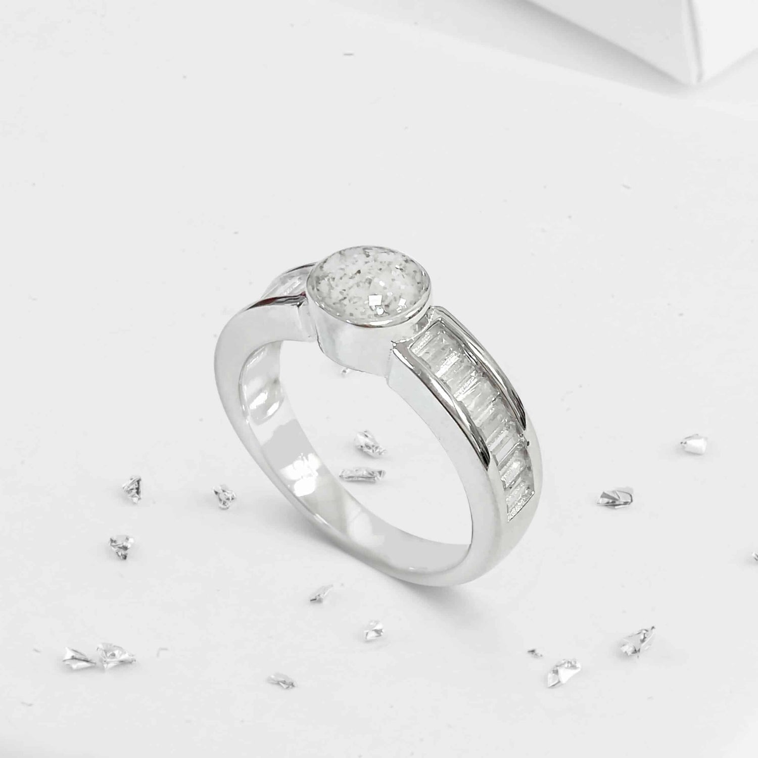 Crystal baguette shoulder round ashes or hair inlaid ring