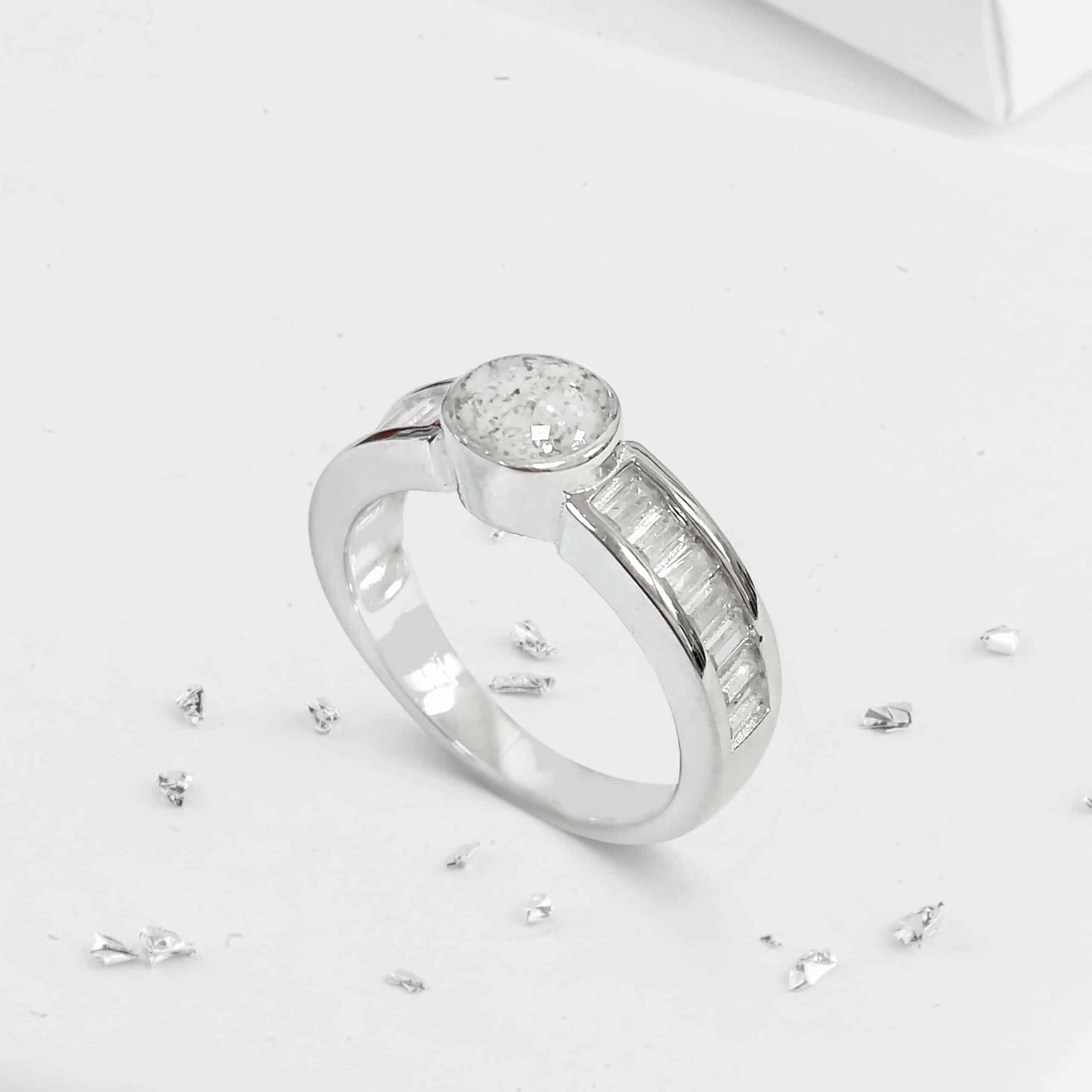 Crystal baguette shoulder round ashes or hair inlaid ring