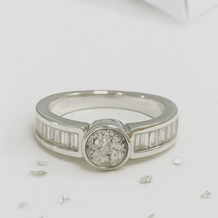 Crystal baguette shoulder round ashes or hair inlaid ring