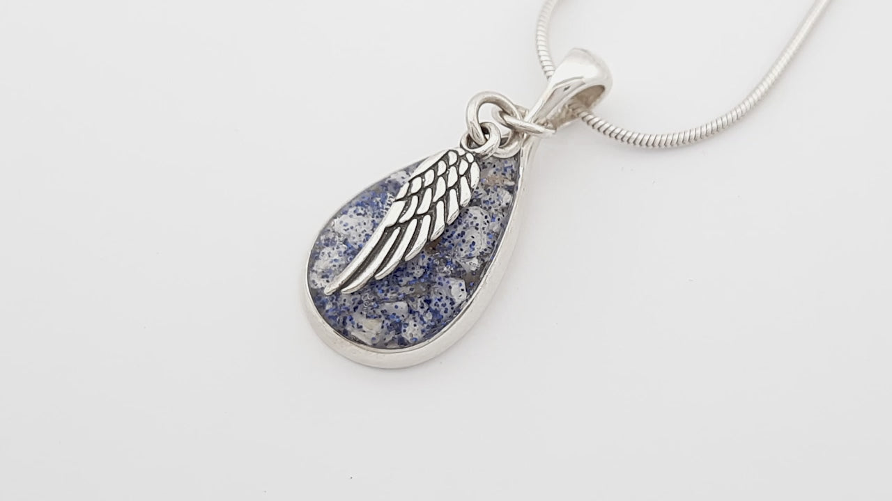 Sterling Silver Mid Size Resin Inlaid Teardrop And Angel Wing Overlay Pendant