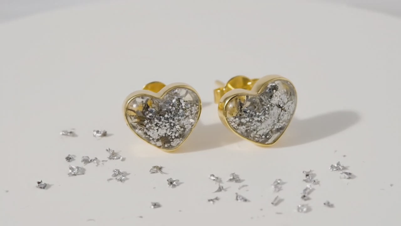 9ct Yellow Gold Ashes or Hair Resin Inlaid Heart Stud Earrings