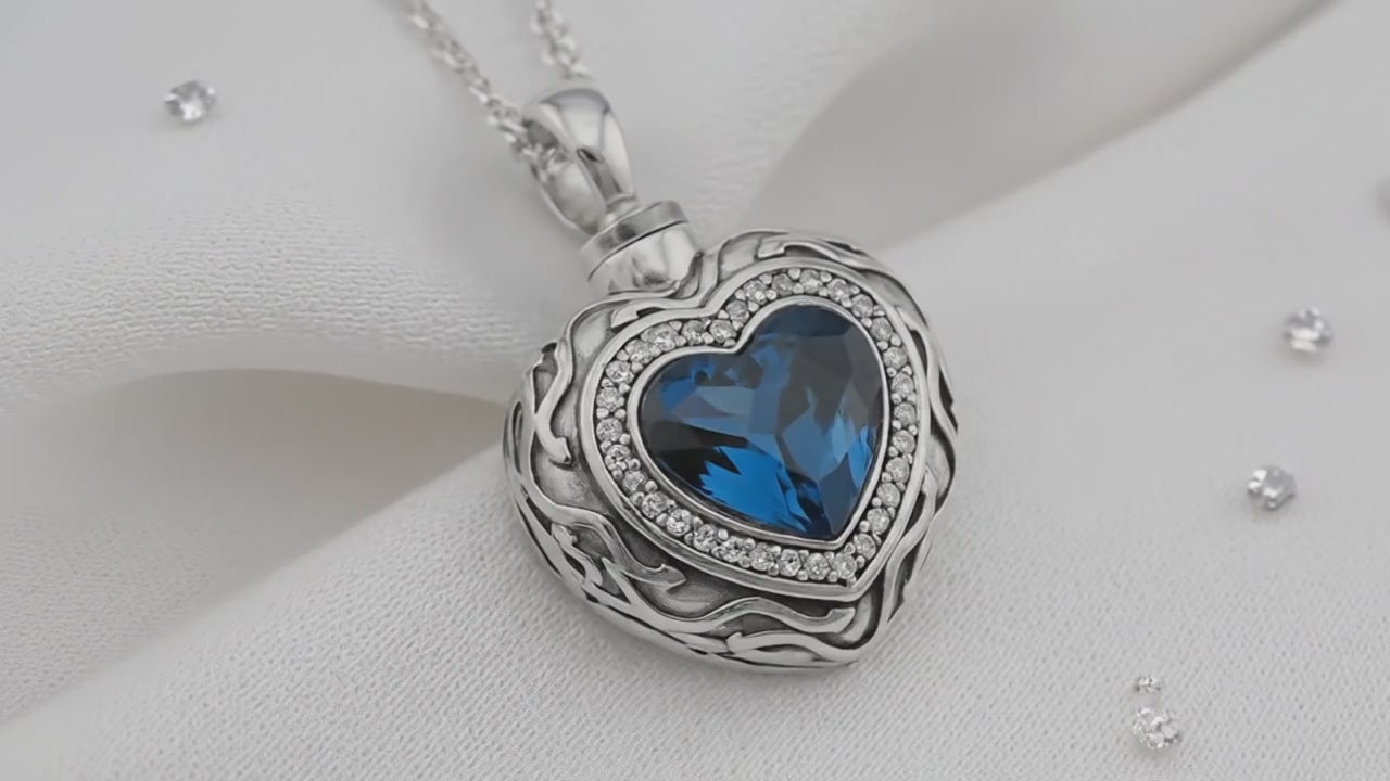 Ashes or hair sterling silver blue crystal heart urn pendant