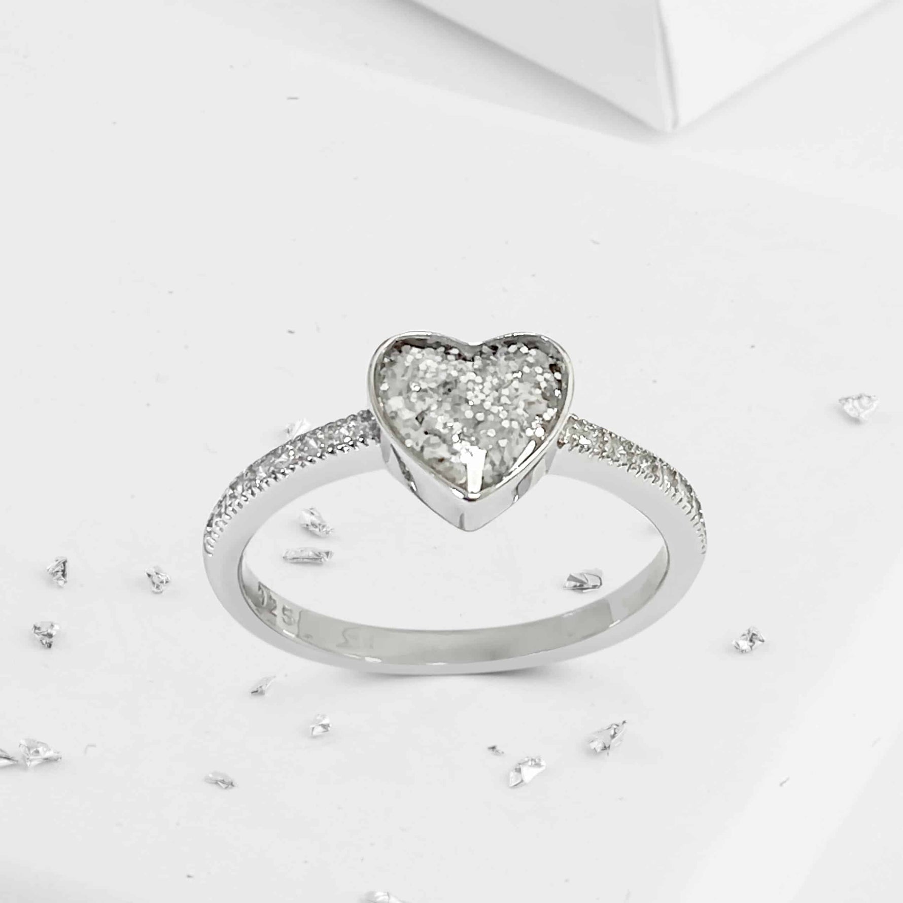 Small heart crystal ashes or hair inlaid ring