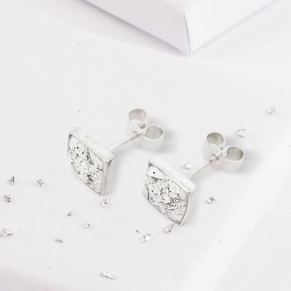 Small Sterling Silver Square Resin Inlaid Bezel Set Earrings