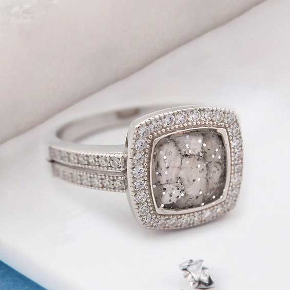 Square ashes or hair inlaid crystal halo ring