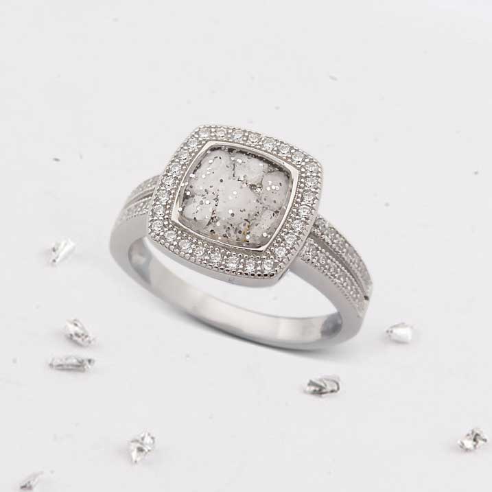 Square ashes or hair inlaid crystal halo ring