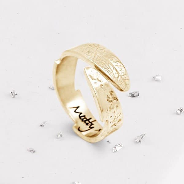 Unique Gold Ashes Leaf Ring with Engraved Name on the Inside