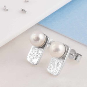 Ashes or Hair Oblong Stud Earrings Set With Cultured Pearls