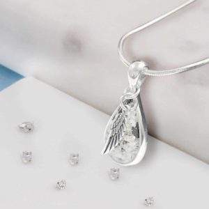 Sterling Silver Mid Size Resin Inlaid Teardrop And Angel Wing Overlay Pendant