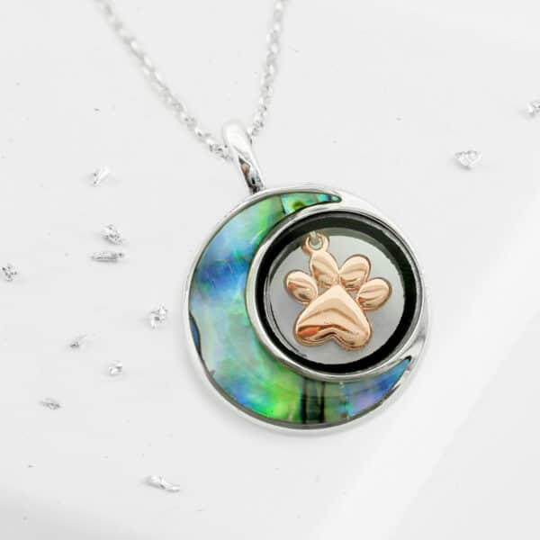 Ashes sterling silver abalone & rose gold paw print urn pendant