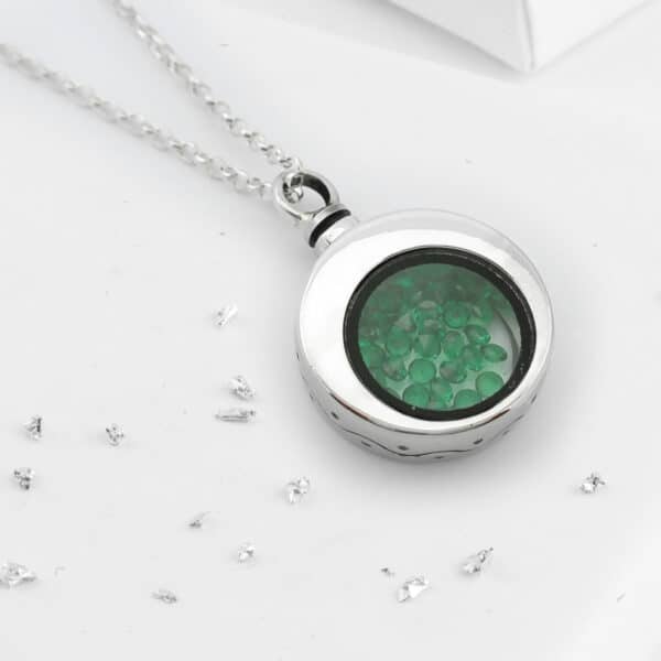 Ashes or hair sterling silver round green crystal urn pendant
